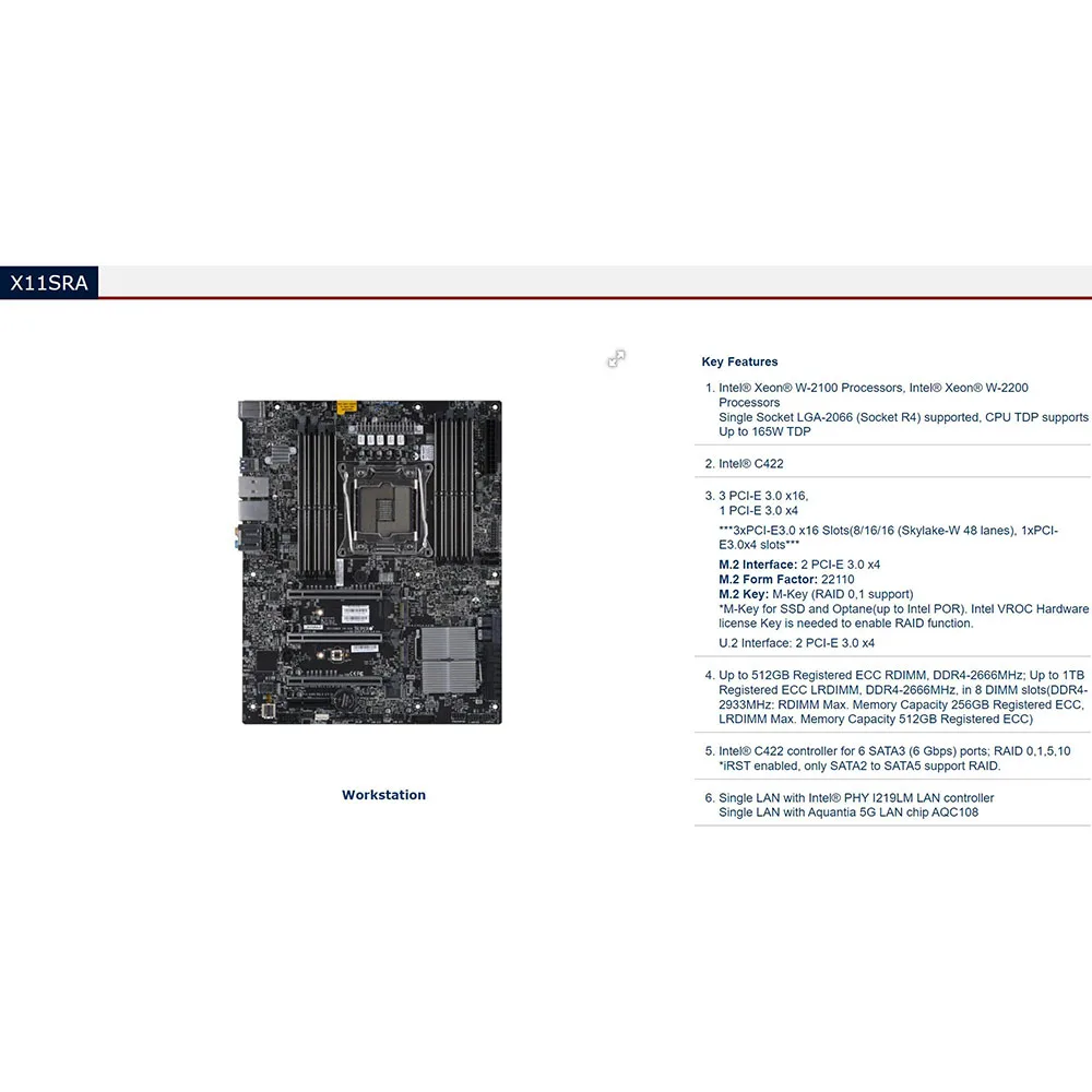 X11SRA Workstation Motherboard For Supermicro LGA2066 C422 ATX 512GB DDR4 Support W-2100/2200 CPU High Quality 6 X11SRA Workstation Motherboard For Supermicro LGA2066 C422 ATX 512GB DDR4 Support W-2100/2200 CPU High Quality - Image 4
