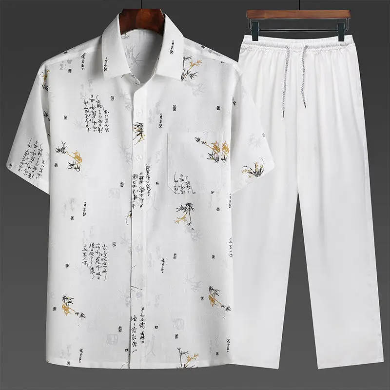 

Yourqipao Summer Shirt Casual Grandpa Plus Size Lapel Thin Chinese Traditional Style Tang Suit Pants Tops Sets for Elderly Men