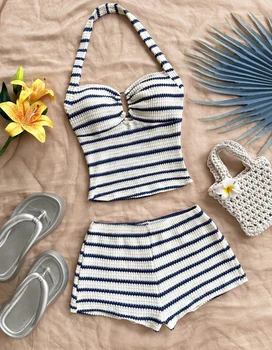 Women's Striped Knit Halter Neck Two-Piece Set, Summer Sleeveless Short Top and High-Waisted Shorts Beach Vacation Set 1