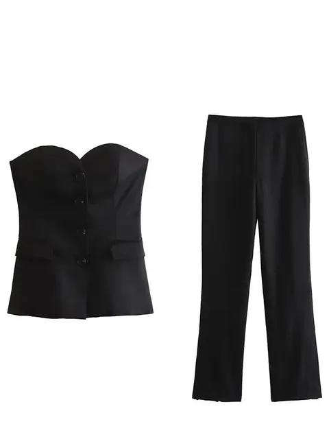 HH Women Elegant Solid Pant Suit Front Button Strapless Sexy Tank Tops + Side Slit Trouser Female Fashion Streetwear Sets 4