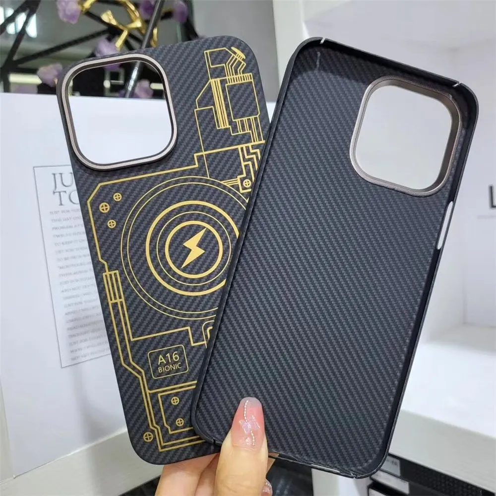 

Genuine Carbon Fiber Aramid Case for iPhone 14 Pro Max 14Pro Matte Ultra Thin Light Bulletproof Circuit Board Grain Armor Cover