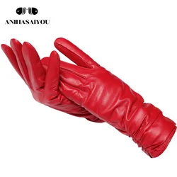 Classic Pleated Women's Sheepskin Leather Winter Gloves - 8.5 (Red)