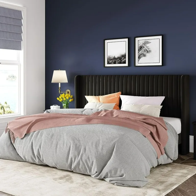 

Vertical Channel Tufted Wingback Headboard Upholstered Platform Bed Strong Wooden Slats No Box Spring Needed Easy Assembly Black