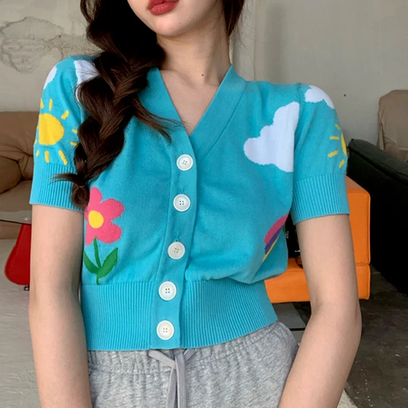 

Women's Version of Chic Retro Women's Sky Blue White Clouds Rainbow Flowers Short Short-sleeved Blue Knitted Women's Clothing