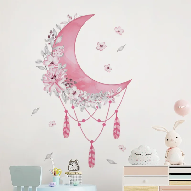 

Beautiful Moon Cartoon Feather Dreamcatcher Wall Stickers, Removable Vinyl Home Decor, Living Room and Bedroom