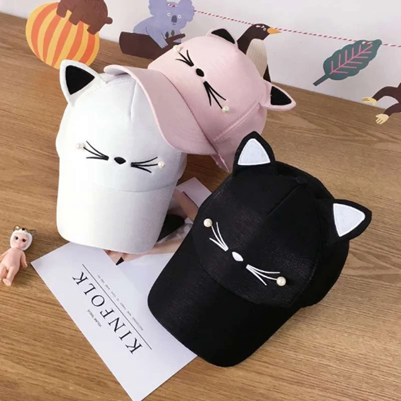 1PC Fashion Cute Cat Ears Snapback Cap Brand Street Adjustable 56- 61cm Lovely Embroidery Hat Boy Girl Pearl Baseball Cap