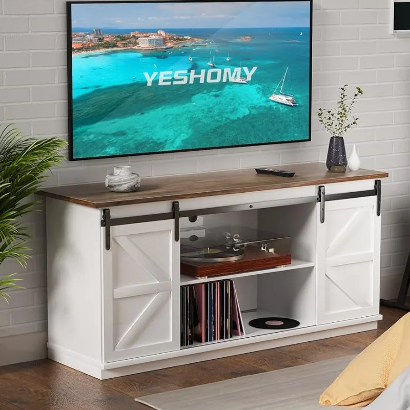 

with Farmhouse Sliding Barn Doors and Storage Cabinets, Entertainment Center Console Table, Media Furniture for Living Room