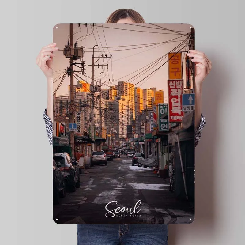 서울 도시 스카이라인 금속 포스터 벽화 아트, 빈티지 금속 주석 사인, 벽 아트 장식, 홈 데코, 럭셔리 커피 바 