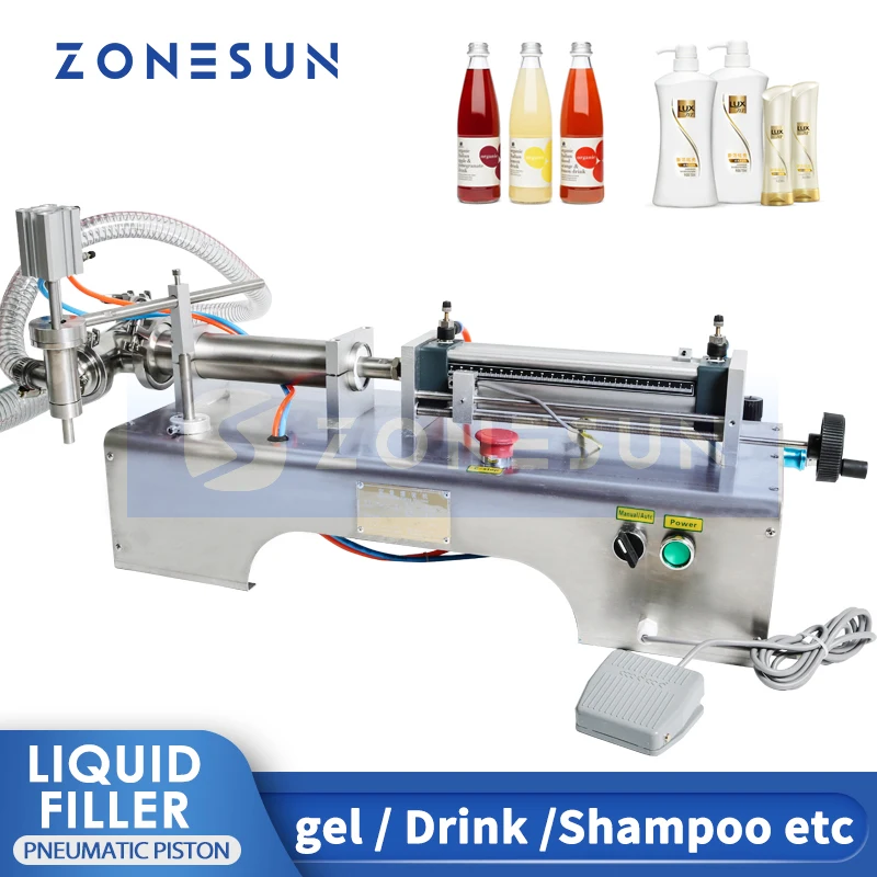 

ZONESUN 100-1000mL Pneumatic Piston Liquid Filler Shampoo Water Wine Milk Juice Vinegar Oil Detergent Soap Filling Machine