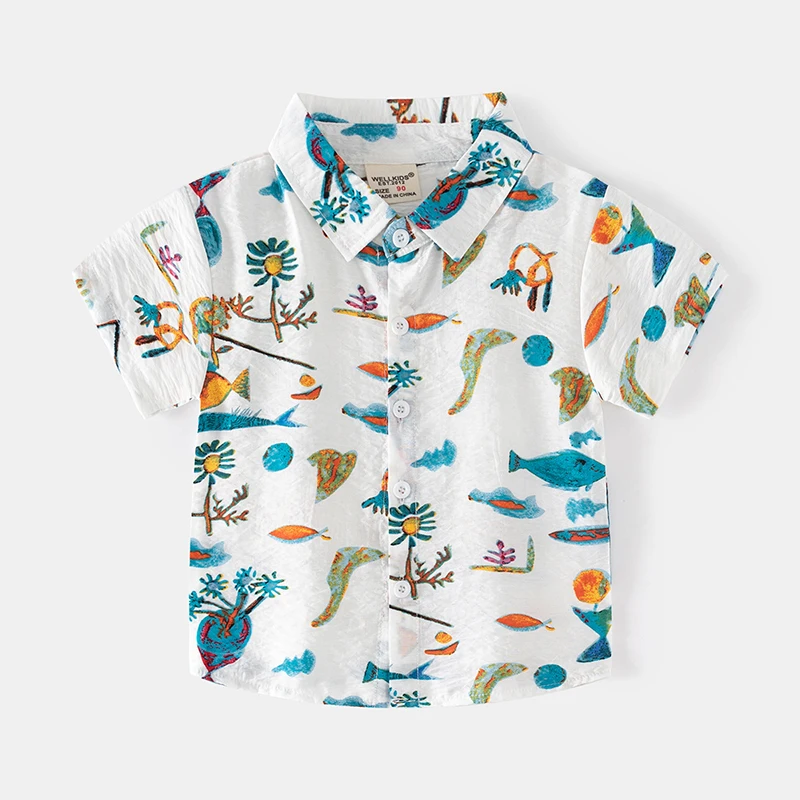 thumbnail image 1 of Camisa de manga corta con solapa de verano para niños de 2 a 6 años, camisas de estilo abstracto a la moda para exteriores, Tops para vacaciones en la playa, ropa para niños, 1 of 6