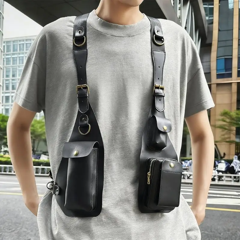다목적 오토바이 조끼 가슴 팩 PU 가죽 조끼 팩 여행 크로스 바디 가슴 가방 남성 여성 하이킹 캠핑
