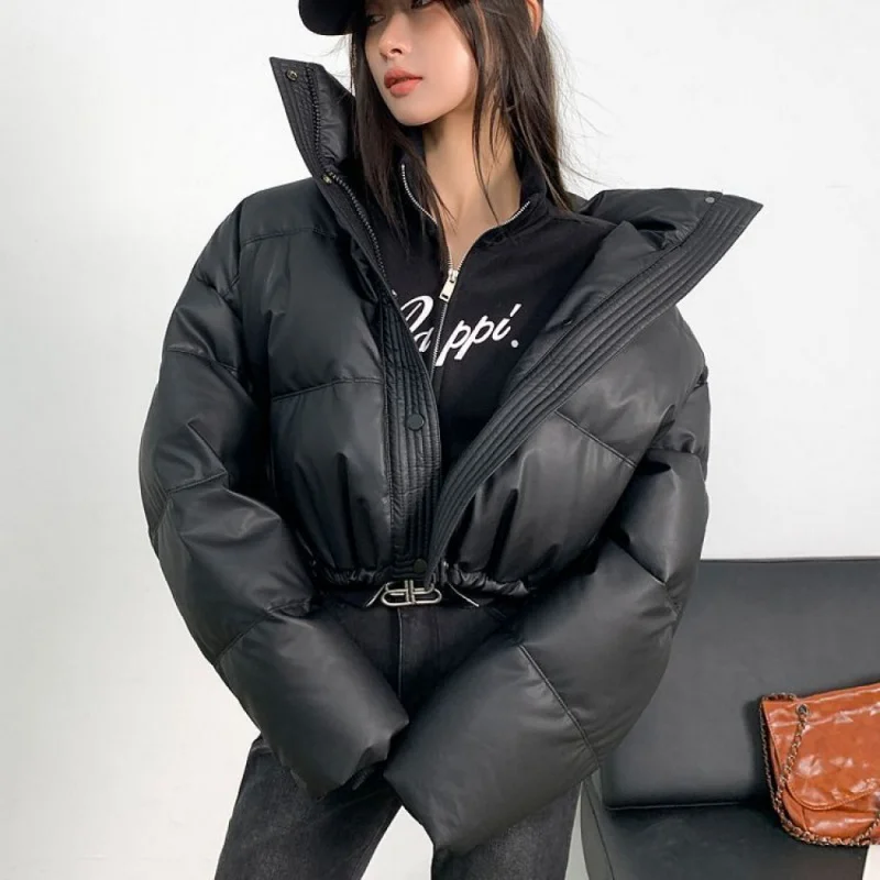 

Short White Duck down Stand-up Collar down Jacket Female 2023 Korean Style Loose Thick PU Leather Bread Coat Small Coat Tide