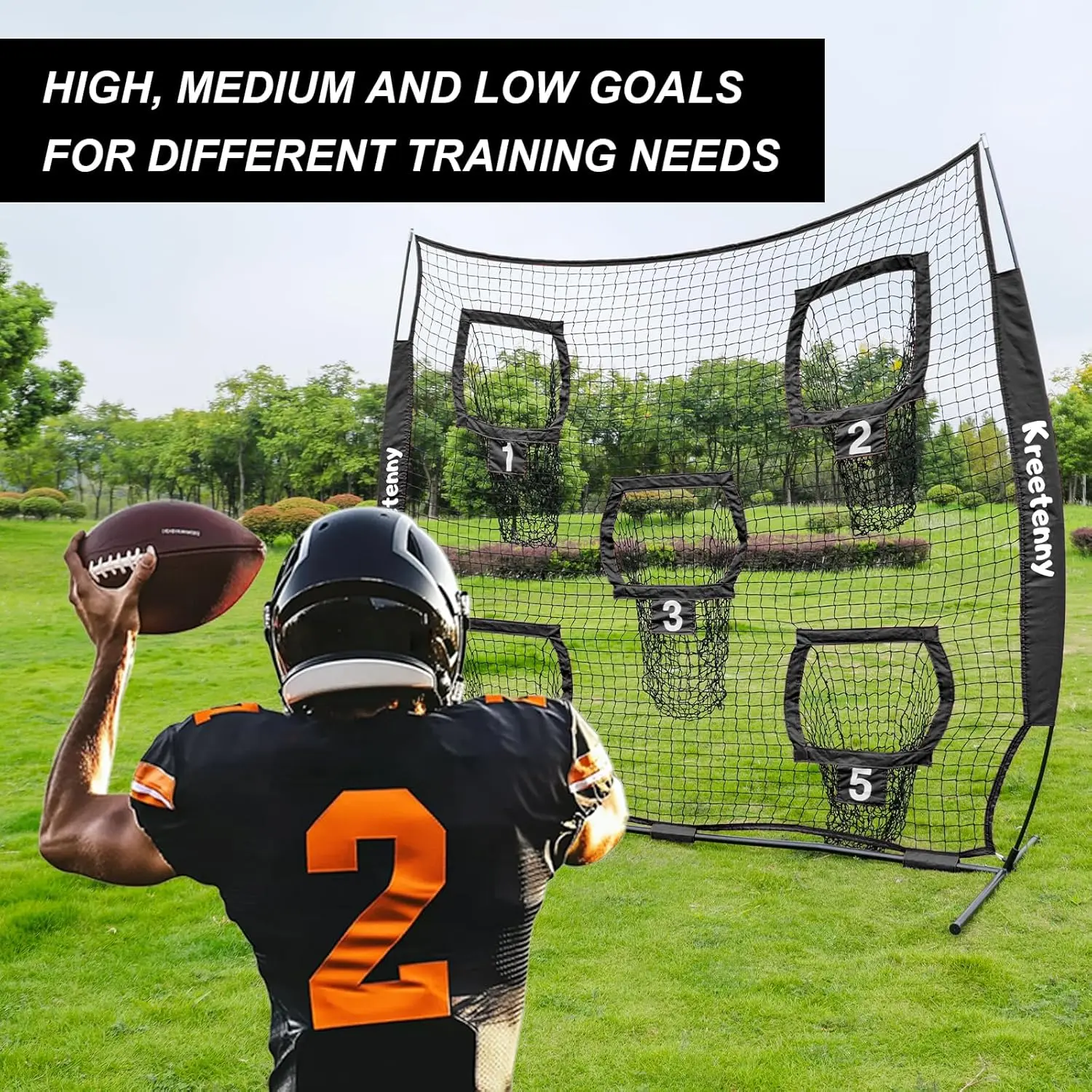 Football Nets for Throwing, 7 x 7ft Football Target Net, 5 Target Pockets Quarterback Throwing Net with Carry Bag