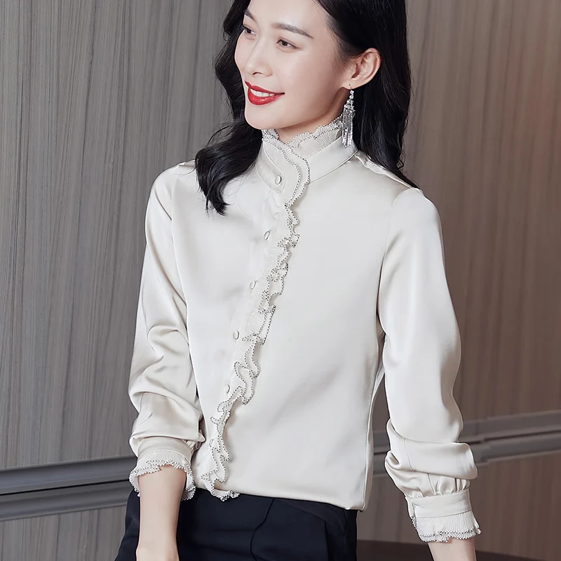여성용 다용도 스탠딩 칼라 나무 귀 가장자리 셔츠, 긴팔, 패셔너블하고 우아한 여성 상의, 용수철 가을 신상
