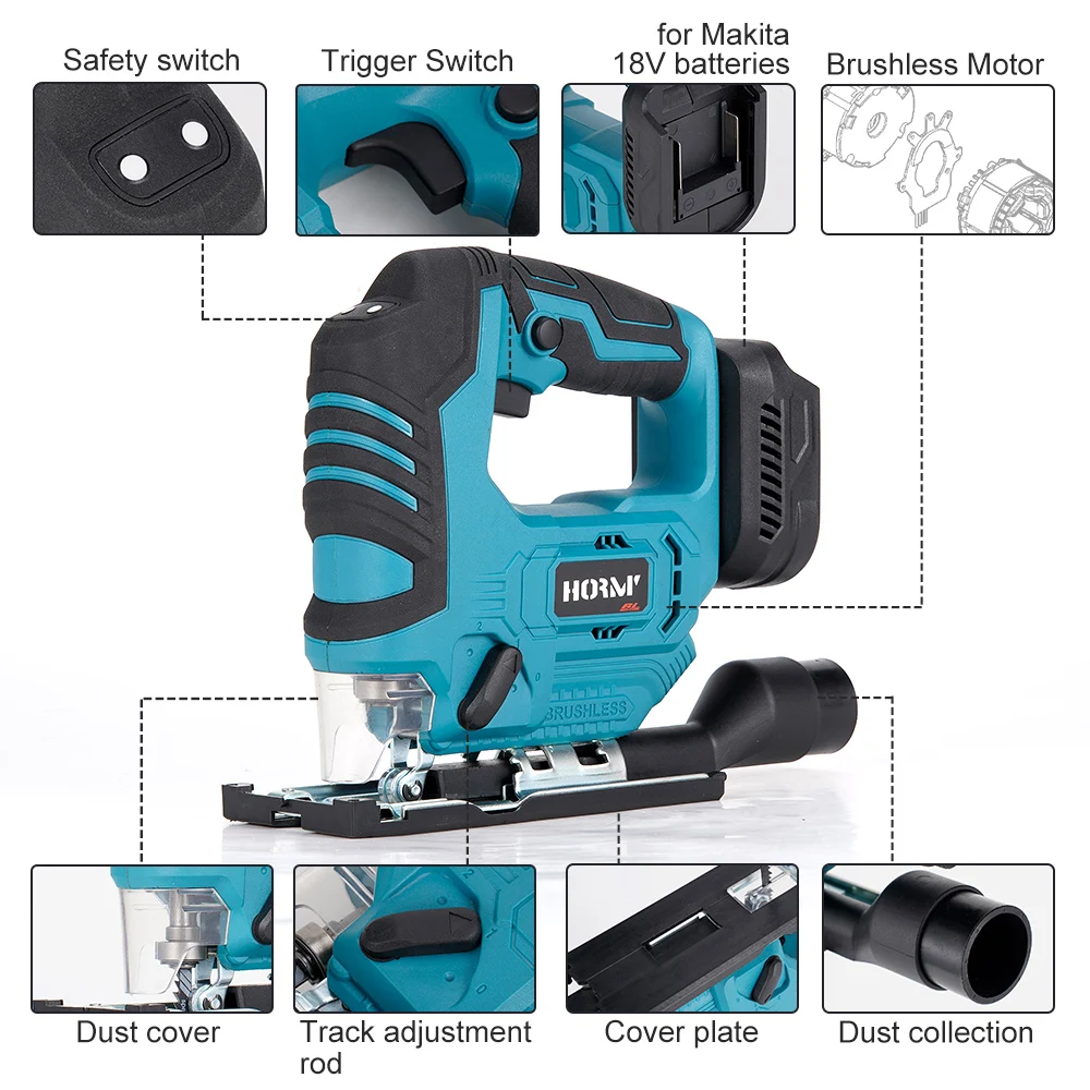 Hormy 18V Brushless Curve Saw 26mm Stroke Multi angle Cutting Saw For Makita 18V Lithium Battery Woodworking Electric Saw 4