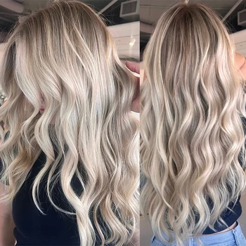 Parrucca Sintetica Lunga Ondulata con Frontale in Pizzo 13x4 per Donne Bianche, Biondo Platino Cenere Balayage, Lussuosa con Fibra Resistente al Calore