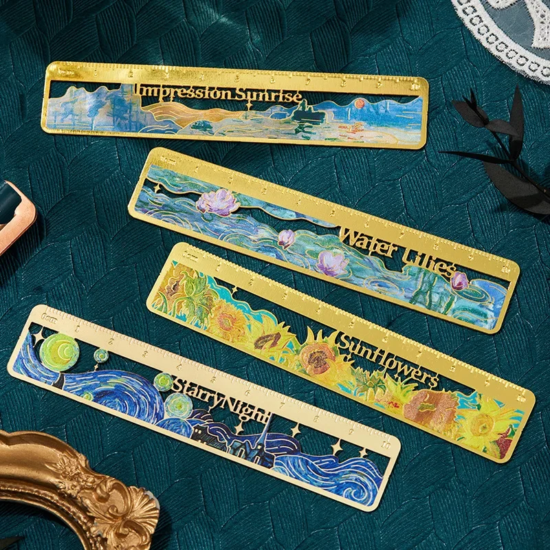 

Exquisite Oil Painting Element Rulers Creative Sunflower Lotus Metal Ruler Bookmarks Measuring Drawing Tools Student Stationery