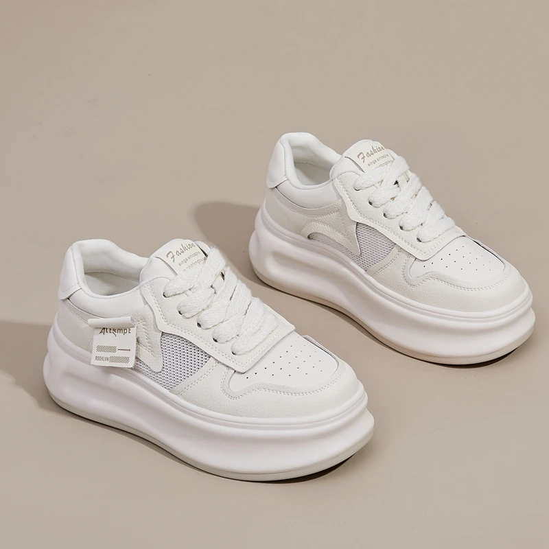 Autuspin 5cm Summer Women's Skateboarding Shoes Students Round Toe Fashion Ladies Sneakers Breathable Mesh Leather Chunky Shoes
