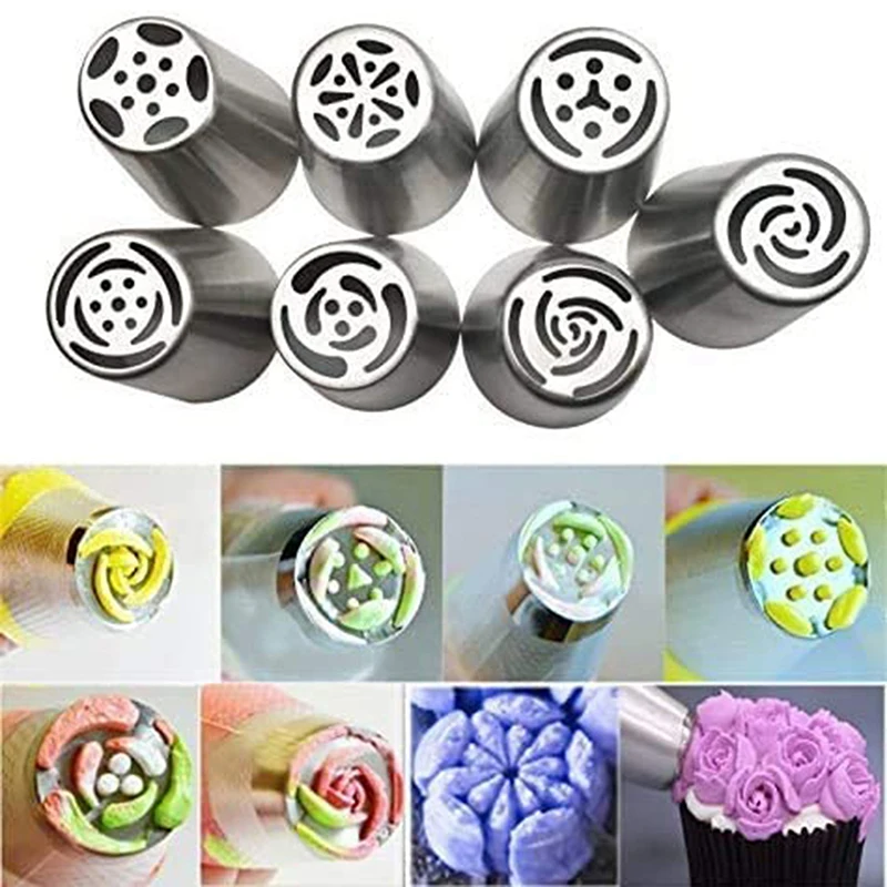 

7pcs Russian Icing Piping Nozzles Stainless Steel Leaf Flower Cream Pastry Tip Cake Topper Kitchen Cupcake Cake Decorating Tools