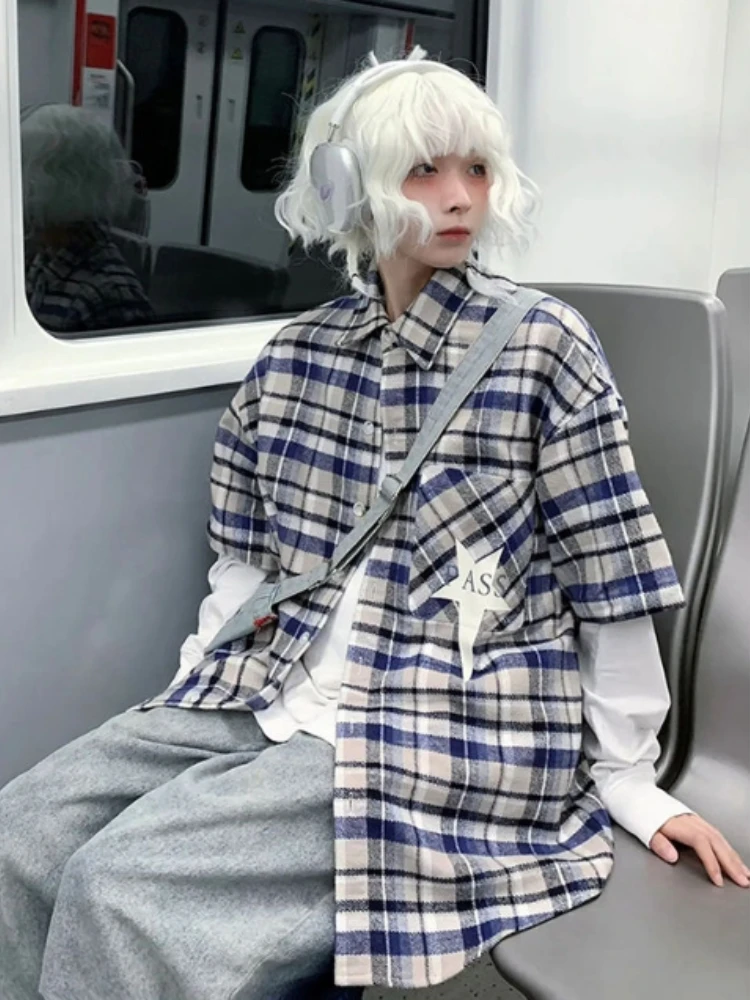 

Винтажная клетчатая рубашка с принтом звезд для мужчин и женщин, модная летняя Повседневная Удобная верхняя одежда из чистого хлопка с коротким рукавом для пары