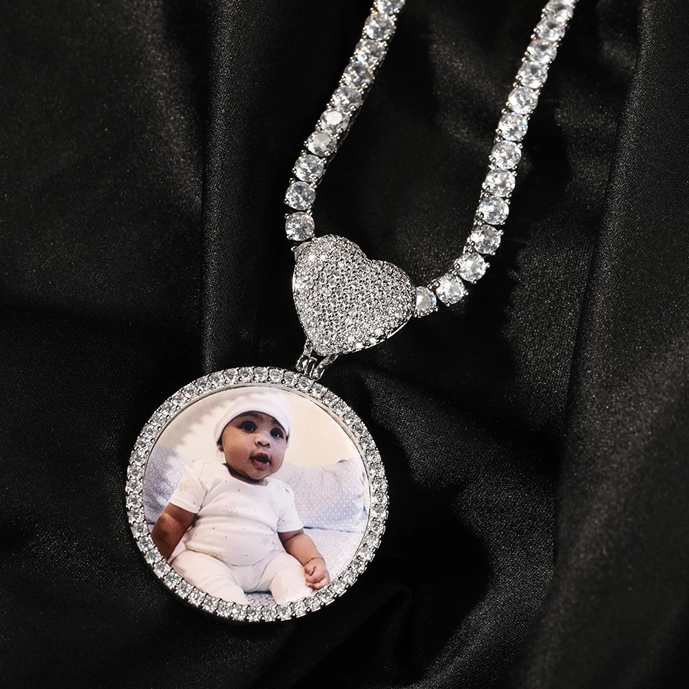 THE BLING KING Heart Clasp Medallions Custom Round Photo Memory Pendant Engrave Name HipHop Jewlery Personalized Men Women Gifts images - 6