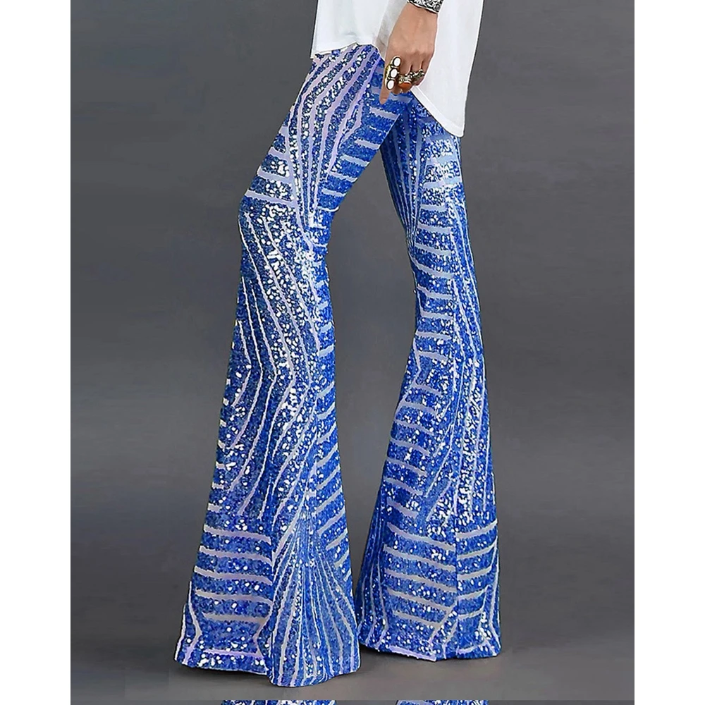 Spring Women Striped Glitter Sequined Design Flared Pants Female Skinny High Waist Long Trousers Streetwear Club y2k Streetwear