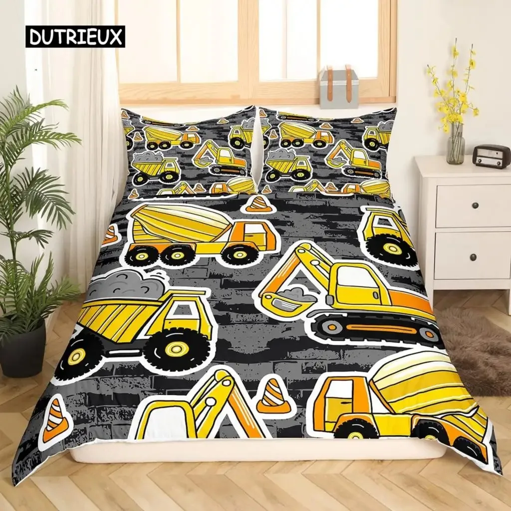 Construction Vehicles Truck Car Bedding Set Boys Excavator Duvet Cover Kids Cartoon Tractor Truck Soft Polyester Comforter Cover 5