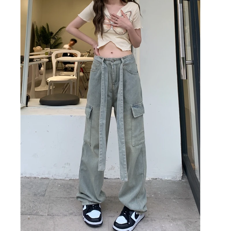 

2023 New Women's Jeans American Retro High Street Fashion Cargo Pants Design Sense Ins Wide Legs Free Shipping