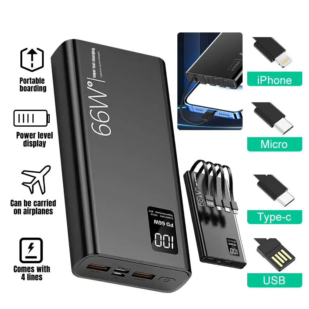 20000mAh Power Bank 66W Super Fast Charging For 20W  Built-in 4 Cables Portable Digital Powerbank External Battery 4