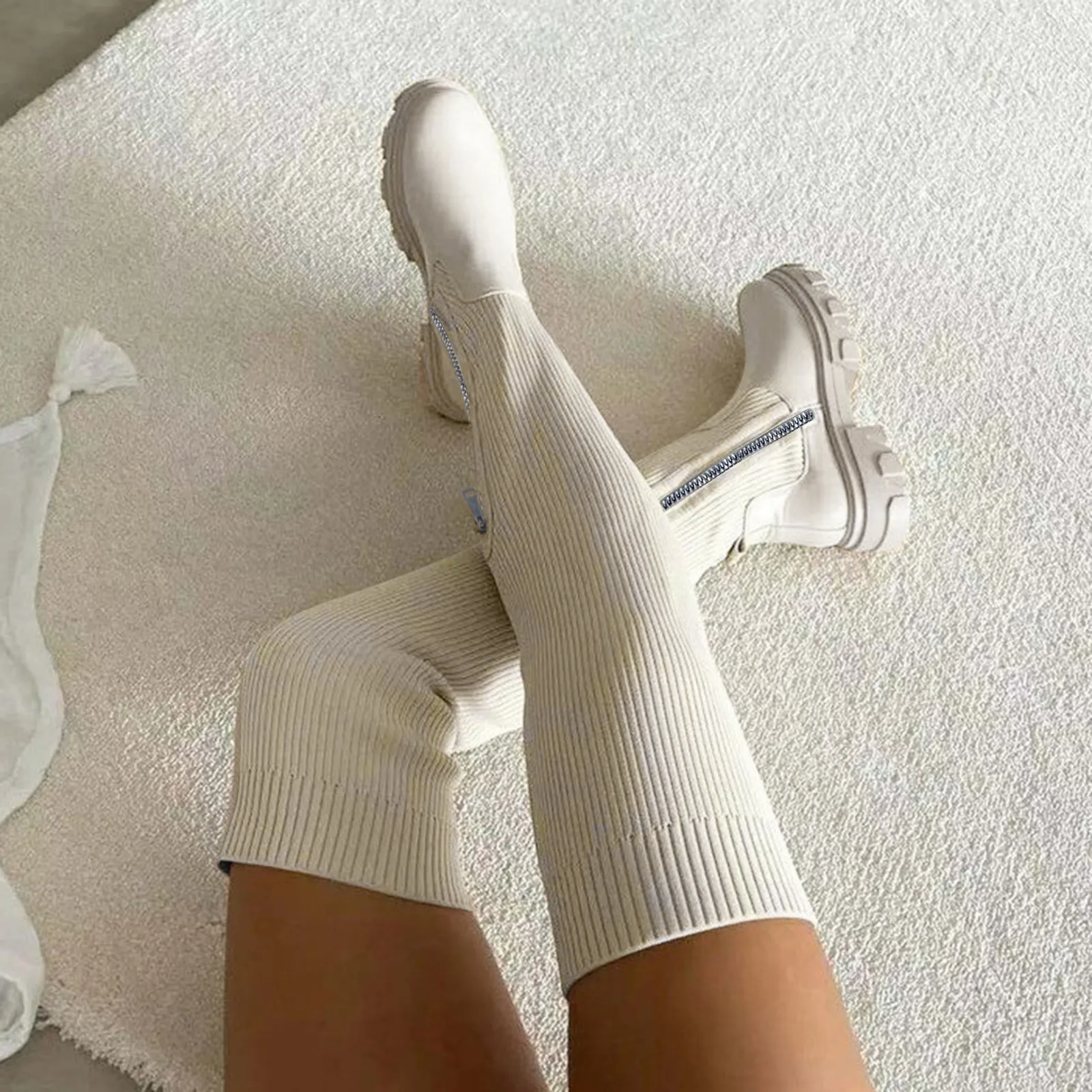 Botas largas de piel sintética Para mujer, Zapatos tejidos por encima de la rodilla con cremallera, tacones gruesos elásticos altos, color Beige