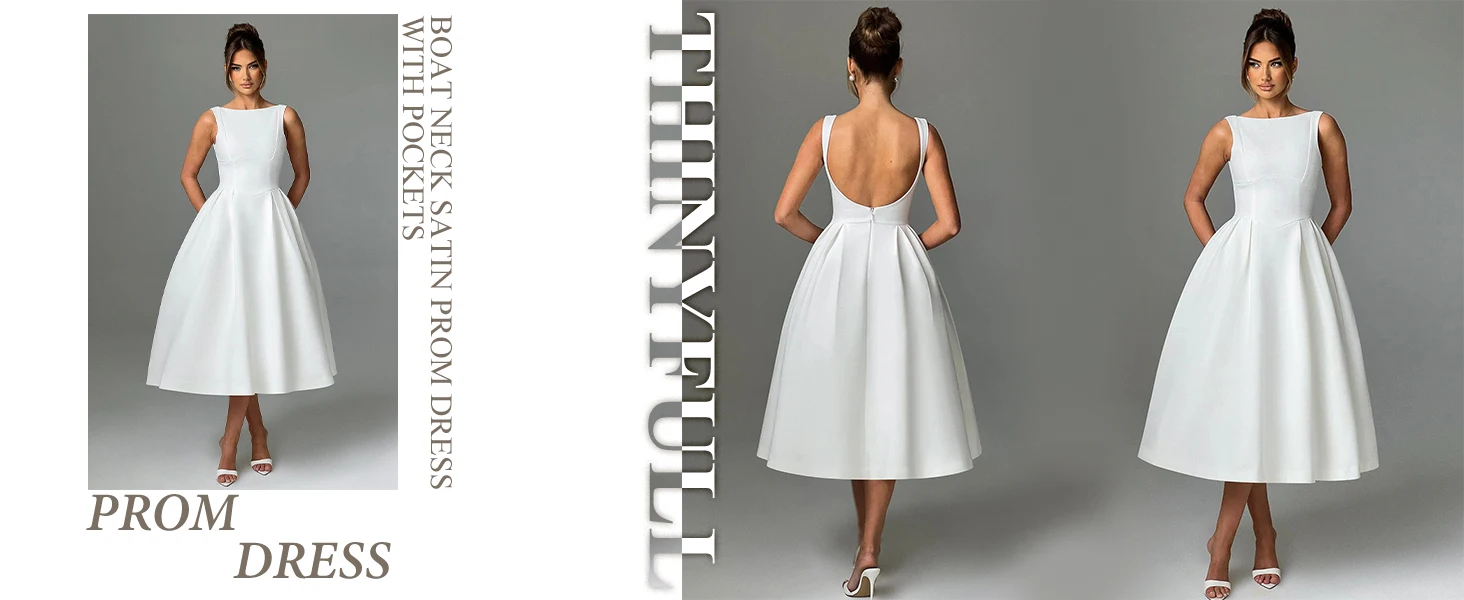 Vestido de fiesta midi de satén Thinyfull con cuello barco y bolsillos laterales para mujer 2025