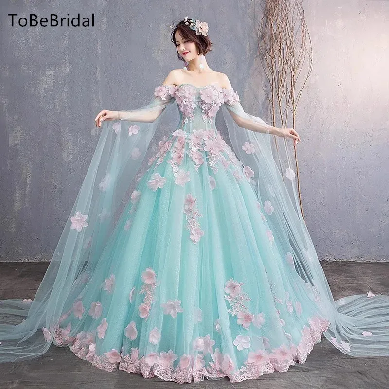 

Fashionable 3D Flower Princess Prom Dresses Off The Shoulder Light Blue sheer Formal Evening Gowns Elegant Graduation Dress 2024