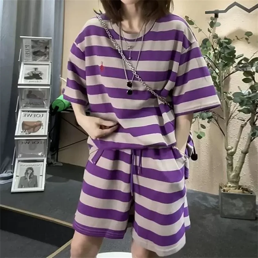

Women's Summer Clothes Short Sleeve T-Shirt + Hot Pants Two-piece Set striped Casual Sports Suit