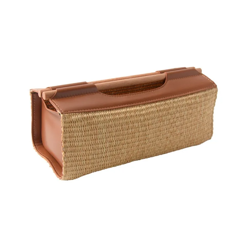 French Retro Straw & Leather Tissue Box | Home Living Room Napkin Holder, Desktop Paper Towel Storage  Decorative  Case