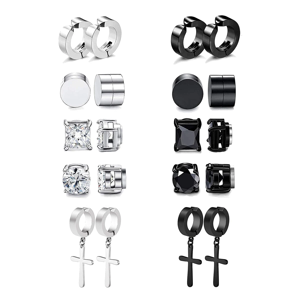 Men's Punk Cross Square Zircon Stainless Steel Magnet Fake Earrings Set 4-10 pairs ear clip earrings clip earrings ear clip stud earrings magnetic earrings ear accessories