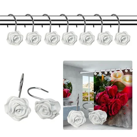 

Shower curtain Hooks 12Pcs/set Resin Rose Design Rod Clips Window Shower Clamps Bath curtain Ring Buckle Accessories