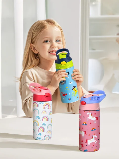 Tasse Thermos à motif de dessin animé de 12OZ/350ml, bouteille isolée en acier inoxydable, bouilloire Thermos pour enfants, tasse portative d'extérieur 6