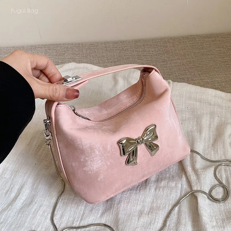 Women's Handheld Bag Single Shoulder Crossbody Bag High End Simple and Exquisite New Solid Color Bow Versatile Fashion Chain