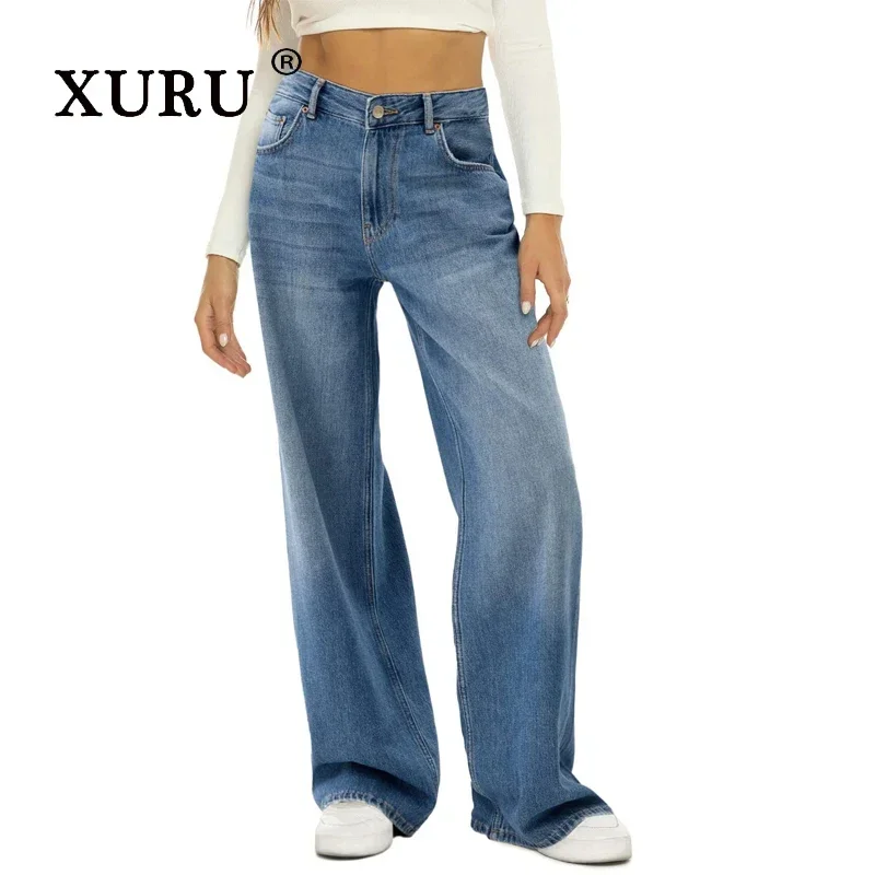 

XURU - European and American New Solid Color Casual Versatile Jeans Women's Wear, Cat Beard Monkey Loose Wide Leg Jeans K8-3241