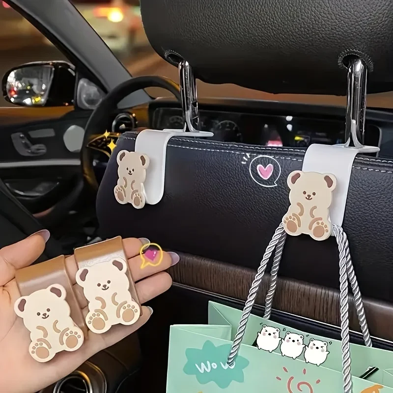 Cartoon Headrest Hooks for Purses and Bag Car Back Seat Headrest Hanger Vehicle Cute Bear Bunny Storage Hook Universal Organizer