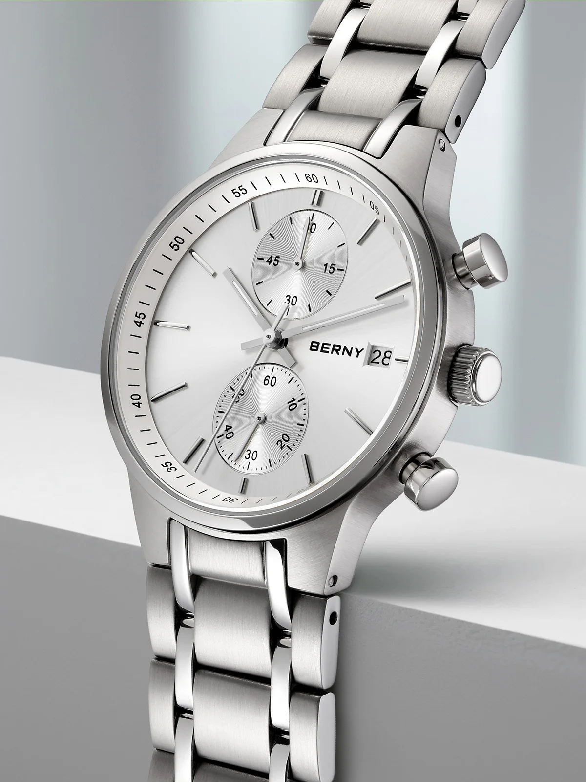 BERNY Chronographenuhren für Herren, modische Multifunktions-Quarzuhr, leuchtendes Datum, komplett aus Edelstahl, Sport-Armbanduhr – Detail 2