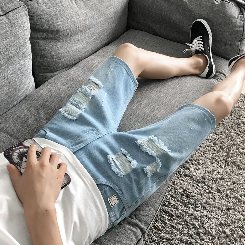Ripped Denim Shorts Men's Five-point Summer Pants Korean Version 5-point Beggar Thin Men's Medium Pants
