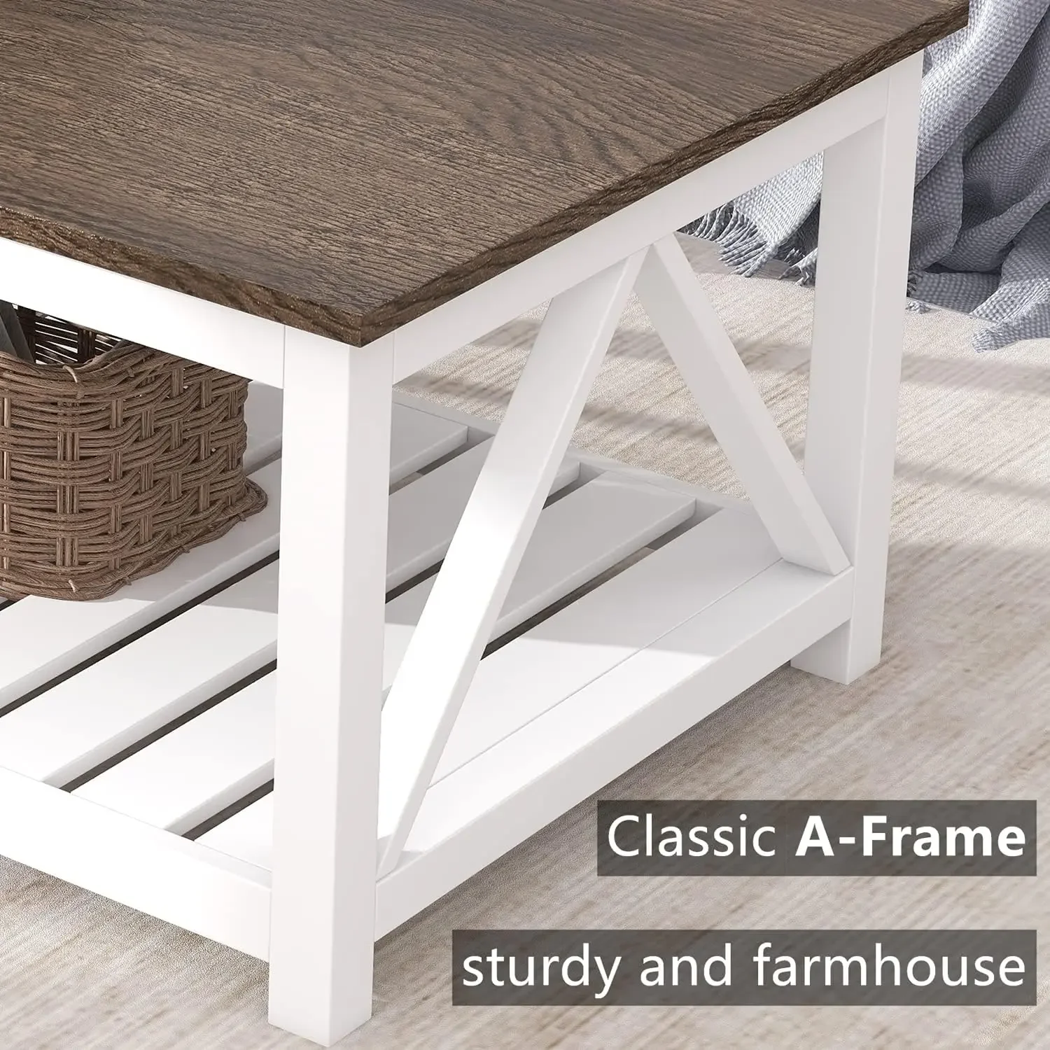 Farmhouse Coffee Table, Rustic Vintage Living Room Table with Shelf, 40 White 6