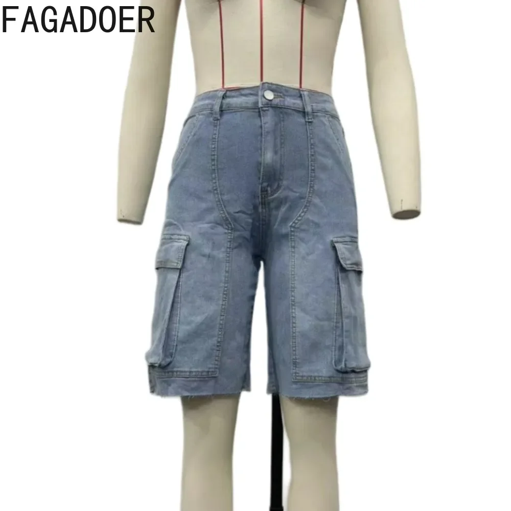 FAGADOER Blue Casual Straight Denim Shorts Women High Waisted Button Pocket Cowboy Bottoms Autumn Casual Solid Sporty Jean 2023