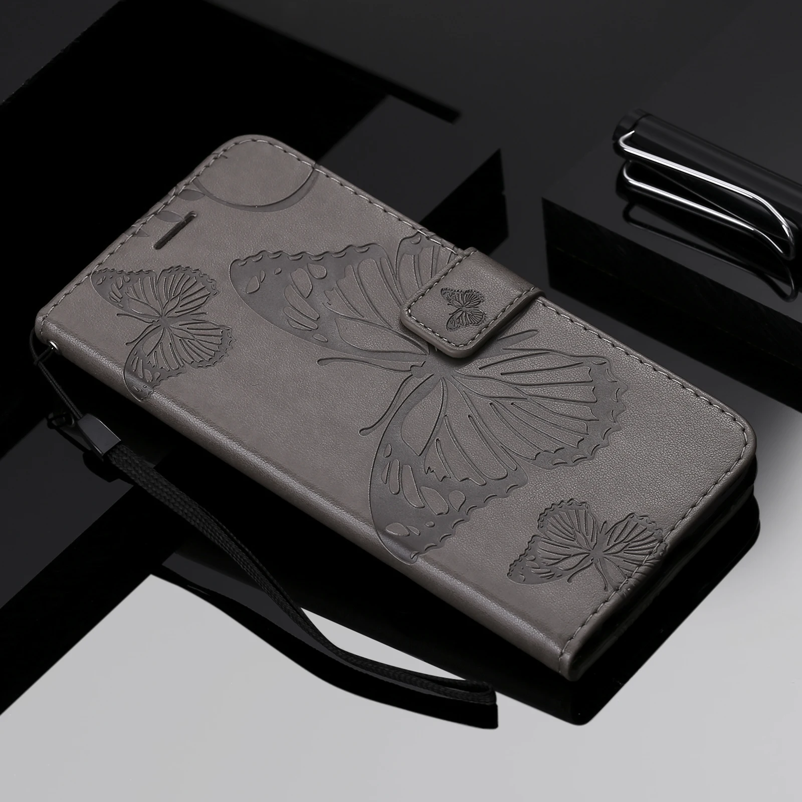 Elegant Leather Flip Wallet Case | Butterfly Embossed Design with Card Holder