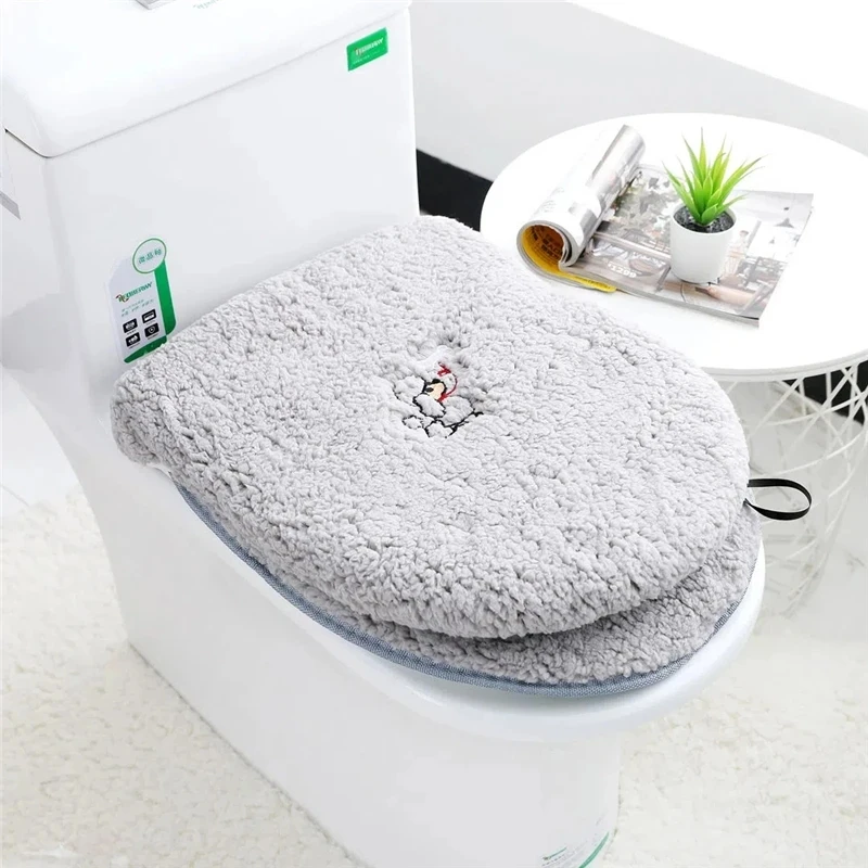 2 PCS Winter Universal Lamb Velvet Toilet Pad Household Toilet Ring Cover With Handle Simple Solid Color Bathroom Sit Mat