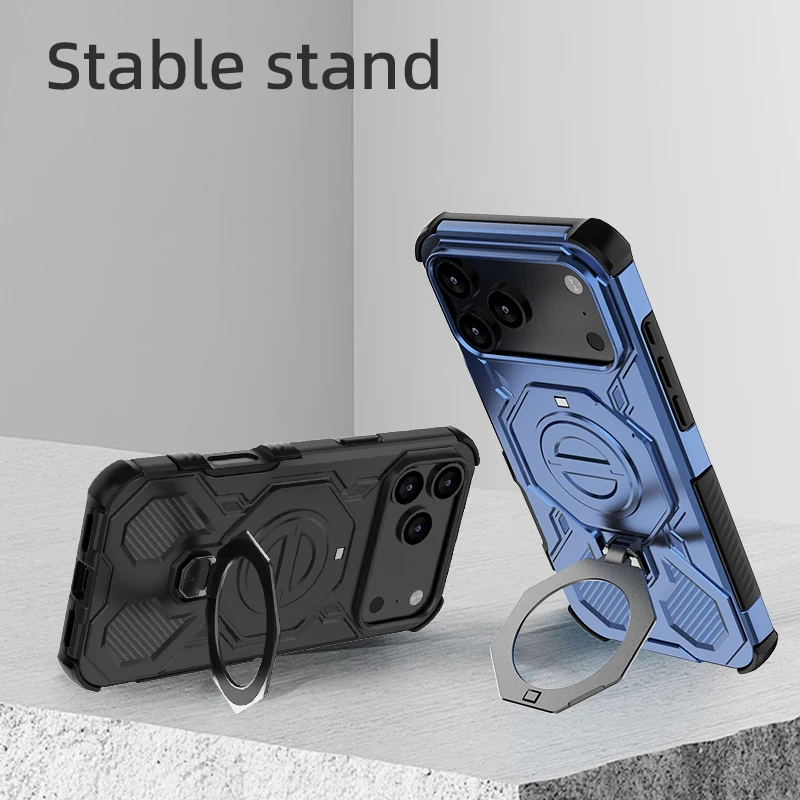 360° Rotating Magnetic Metal Ring Holder Shockproof Phone Case with TPU Frame and Plastic Back Cover
