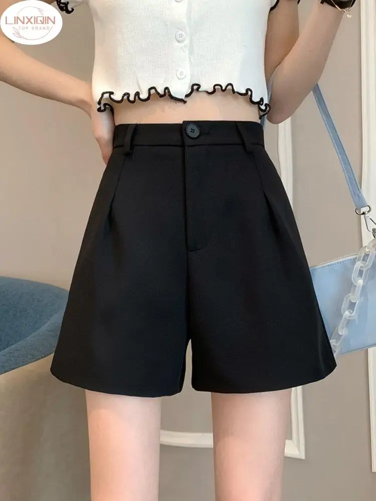 

LINXIQIN Office Lady High Waist Shorts Women Wide Leg Short Pants Korean Fashion Summer Shorts Black Elegant Woman Clothes 2024