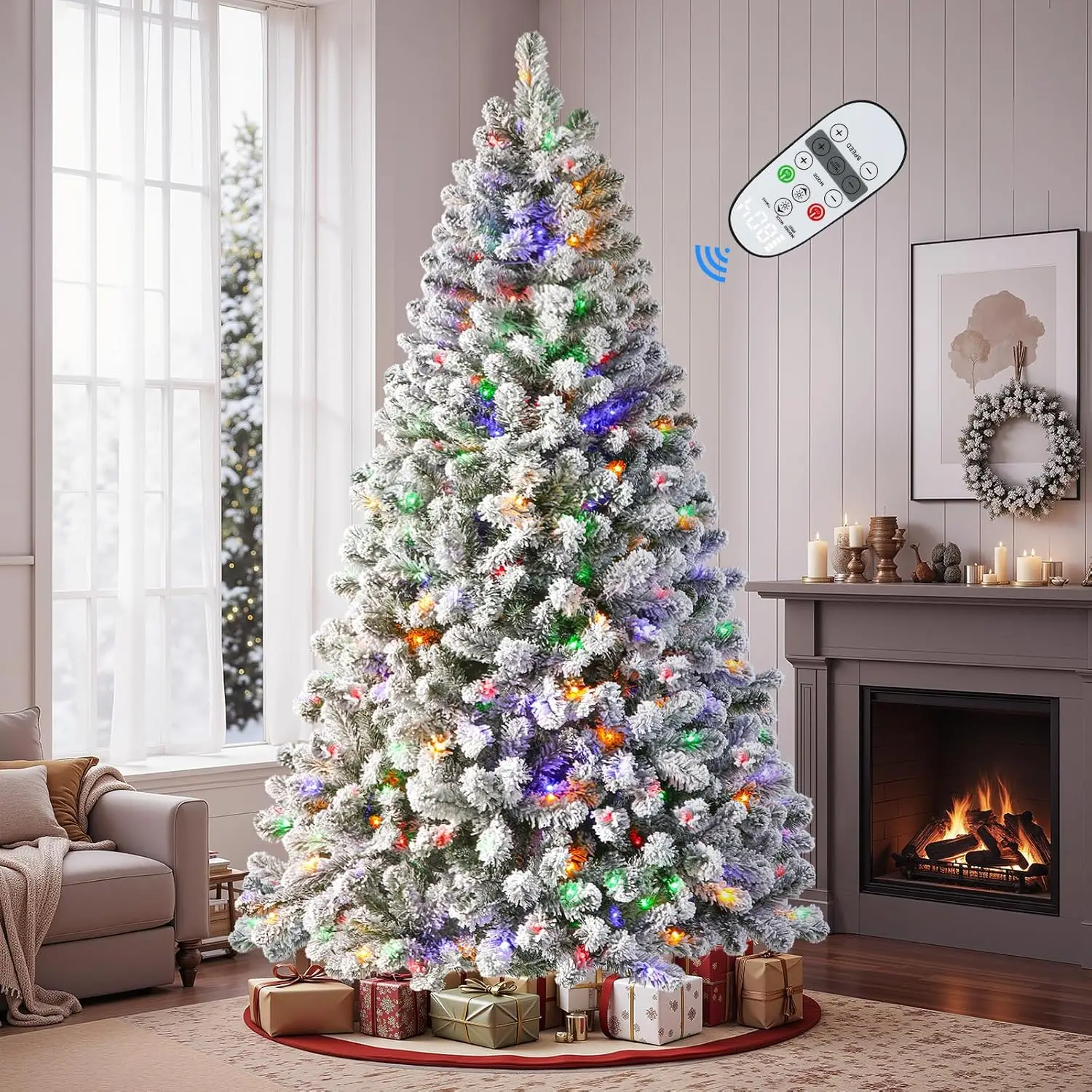 7ft Pre-Lit Flocked Spruce Artificial Christmas Tree with Remote, Timer, 400 Lights, 1062 Tips, White 1 7ft Pre-Lit Flocked Spruce Artificial Christmas Tree with Remote, Timer, 400 Lights, 1062 Tips, White 1
