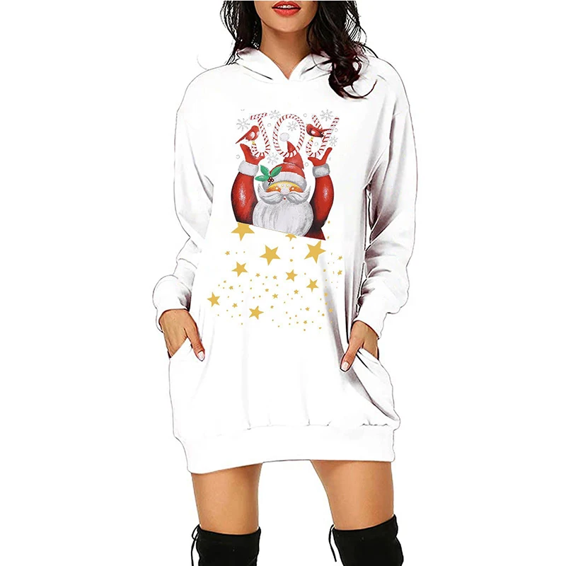 New Christmas Deer Hoodies Women Fall Winter Full Sleeve Pockets Snow Wine Cups Print Ladies Cotton Pullovers Long Sweatshirts